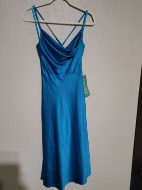 Blue Satin Slip Dress with Cowl Neck